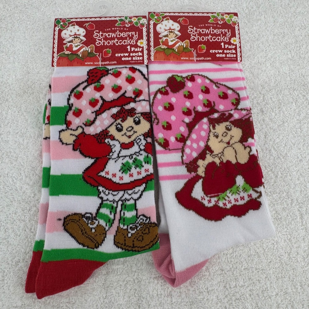 Strawberry Shortcake Crew Socks 2 Pair Set Pink Green Striped Retro One Size NEW